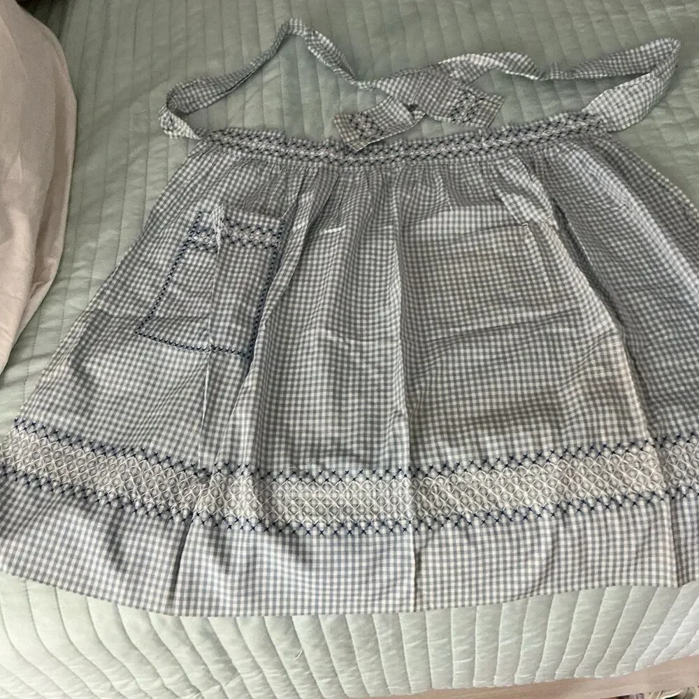 Vintage Handmade Blue Gingham Half Apron Embroidered 2 Pocket 70” Waist Tie